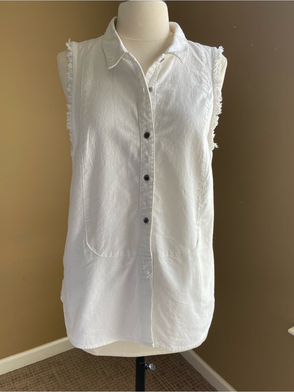 Free People Sleeveless Linen Blend White Frayed Top Small Coastal Boho Beach Pic